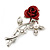 Classic Red Rose With Simulated Glass Pearls Brooch In Rhodium Plating - 35mm Across - view 12