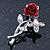 Classic Red Rose With Simulated Glass Pearls Brooch In Rhodium Plating - 35mm Across - view 10