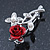 Classic Red Rose With Simulated Glass Pearls Brooch In Rhodium Plating - 35mm Across - view 3