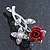 Classic Red Rose With Simulated Glass Pearls Brooch In Rhodium Plating - 35mm Across - view 6
