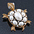 Vintage Inspired Simulated Pearl, Crystal 'Turtle' Brooch In Gold Plating - 60mm Length