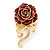 Burgundy Red Enamel Rose With Crystal Bow In Gold Plating - 65mm Length