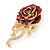 Burgundy Red Enamel Rose With Crystal Bow In Gold Plating - 65mm Length - view 3