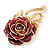 Burgundy Red Enamel Rose With Crystal Bow In Gold Plating - 65mm Length - view 4