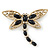 Gold Tone Filigree With Black Stone 'Dragonfly' Brooch - 70mm Width