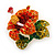 Red, Orange, Green Austrian Crystal Exotic Flower Brooch/ Pendant In Gold Plating - 35mm Length - view 2