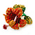 Red, Orange, Green Austrian Crystal Exotic Flower Brooch/ Pendant In Gold Plating - 35mm Length - view 3