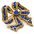 Vintage Inspired Sapphire Blue Crystal Bow Brooch In Antique Gold Metal - 50mm Length - view 3