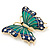 Green/ Dark Blue Enamel, Crystal Butterfly Brooch In Gold Tone - 55mm L - view 2