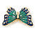 Green/ Dark Blue Enamel, Crystal Butterfly Brooch In Gold Tone - 55mm L - view 3