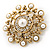 Vintage Inspired Crystal, Faux Pearl Filigree Round Brooch In Gold Tone - 47mm Diameter - view 2