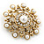 Vintage Inspired Crystal, Faux Pearl Filigree Round Brooch In Gold Tone - 47mm Diameter - view 3