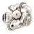 Vintage Inspired Textured, Crystal, Pearl Flower Brooch In Silver Tone - 45mm Diameter - view 4