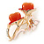 Pink Enamel, Crystal With Coral Glass Stones Floral Brooch In Gold Plating - 45mm L - view 2