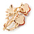 Pink Enamel, Crystal With Coral Glass Stones Floral Brooch In Gold Plating - 45mm L - view 5