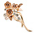 Magnolia/ Bronze Enamel, Crystal Triple Flower Brooch In Gold Tone - 55mm L