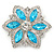 Cyan Blue/ Clear Glass Crystal Flower Brooch In Rhodium Plating - 53mm Across