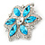 Cyan Blue/ Clear Glass Crystal Flower Brooch In Rhodium Plating - 53mm Across - view 3
