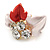 Small Coral/ Pink Enamel, Crystal Leaf Pin Brooch In Gold Tone - 25mm - view 3