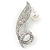 Pave Set Clear Crystal, White Glass Pearl Leaf Brooch In Rhodium Plating - 60mm L - view 4