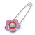 Pink Enamel Crystal Daisy Flower Safety Pink In Rhodium Plating - 70mm L - view 2