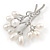 White Freshwater Pearl, Clear CZ Floral Brooch In Rhodium Plated Metal - 47mm L - view 3