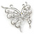 Rhodium Plated Glass Pearl, Clear Crystal Asymmetrical Butterfly Brooch - 60mm Across - view 6