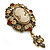 Vintage Inspired Amber/ Champagne Crystal Cameo with Charm Brooch In Bronze Tone - 65mm L - view 6