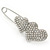 Rhodium Plated, Clear Crystal Double Heart Safety Pin Brooch - 70mm L - view 2