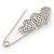 Rhodium Plated, Clear Crystal Double Heart Safety Pin Brooch - 70mm L - view 4