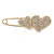 Gold Plated, Clear Crystal Double Heart Safety Pin Brooch - 70mm L - view 6
