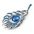 Exotic Blue Crystal 'Peacock Feather' Brooch/ Hair Clip In Rhodium Plating - 8cm L - view 5