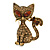 Sweet Topaz Crystal Cat Brooch In Antique Gold Tone Metal - 35mm L
