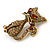Sweet Topaz Crystal Cat Brooch In Antique Gold Tone Metal - 35mm L - view 3