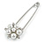 Silver Plated Safety Pin with Faux Pearl, Crystal Flower - 50mm - view 2