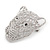 Statement Silver Plated, Crystal, Textured Cheetah Head Brooch - 45mm L - view 2