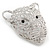 Statement Silver Plated, Crystal, Textured Cheetah Head Brooch - 45mm L - view 3