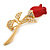 Small Clear Crystal Red Rose Brooch In Gold Plated Metal - 48mm L - view 2