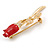 Small Clear Crystal Red Rose Brooch In Gold Plated Metal - 48mm L - view 3
