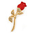 Small Clear Crystal Red Rose Brooch In Gold Plated Metal - 48mm L - view 5
