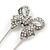 Silver Plated Clear Crystal Safety Pin Brooch With Bow Motif - 75mm L - view 2