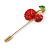 Gold Tone Red Crystal Green Enamel Cherry Lapel, Hat, Suit, Tuxedo, Collar, Scarf, Coat Stick Brooch Pin - 63mm Long - view 3