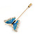 Gold Tone Blue/ Milky White Enamel Crystal Butterfly Lapel, Hat, Suit, Tuxedo, Collar, Scarf, Coat Stick Brooch Pin - 63mm Long - view 3