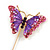 Gold Tone Pink/ Purple Enamel Crystal Butterfly Lapel, Hat, Suit, Tuxedo, Collar, Scarf, Coat Stick Brooch Pin - 63mm Long - view 2