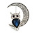 Blue/ Clear Crystal Owl On The Moon Brooch In Silver Tone Metal - 35mm Tall