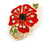 Bright Red Enamel Clear/ Green/ Black Crystal Poppy Brooch In Gold Tone Metal - 50mm Long - view 2
