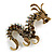 Huge Ornate Topaz/ Citrine/ Grey/ Black Crystal Chinese Dragon Brooch in Aged Gold Tone - 100mm Tall