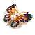 Multicoloured Enamel Crystal with Faux Pearl Butterfly Brooch In Gold Tone - 53mm Across - view 3