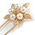 Large Clear Crystal Faux Pearl Flower Safety Pin Brooch In Gold Tone - 70mm Across - view 3