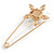 Large Clear Crystal Faux Pearl Flower Safety Pin Brooch In Gold Tone - 70mm Across - view 4